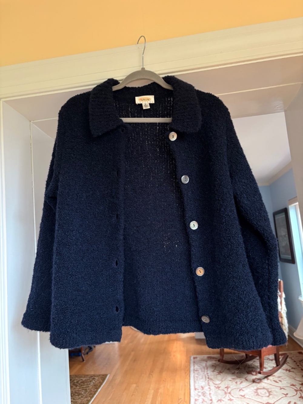 Talbots Navy Blue Heavy Thick Wool Boucle Warm Winter Cozy Knit Cardigan